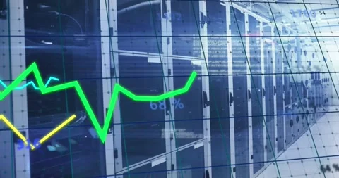 Animation of graphs, changing numbers, computer language over data server room Stock Footage 330413885