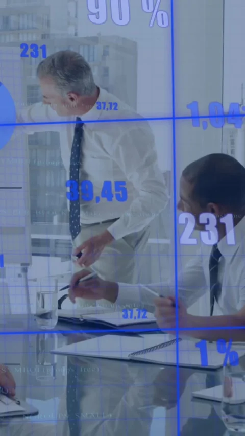 Animation of graphs, changing numbers, diverse manager explaining graph on Stock Footage 344723319