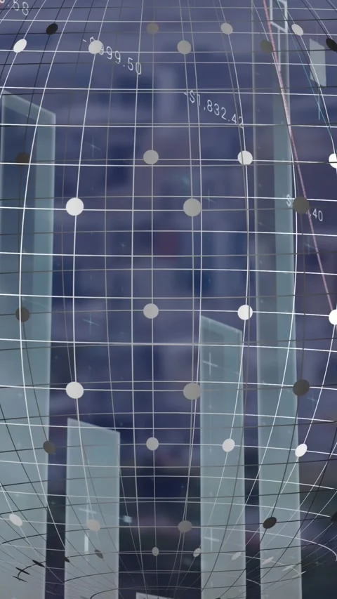 Animation of graphs, changing numbers, grid pattern globe over modern cityscape Stock Footage 344525794