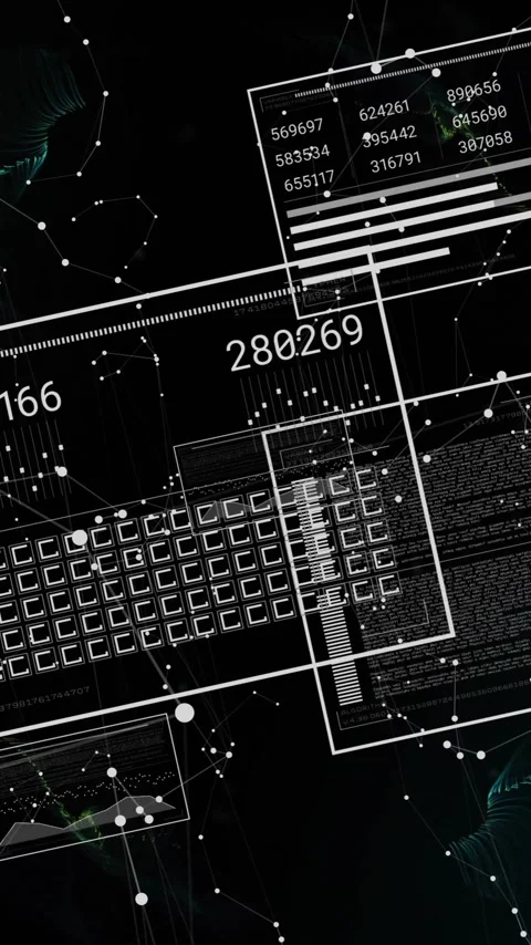 Animation of graphs, changing numbers, loading squares and connected dots over Stock Footage 343547999