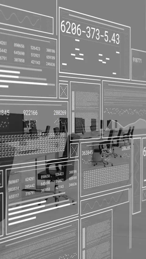 Animation of graphs, changing numbers, loading circles over unoccupied chairs Stock Footage 344243995