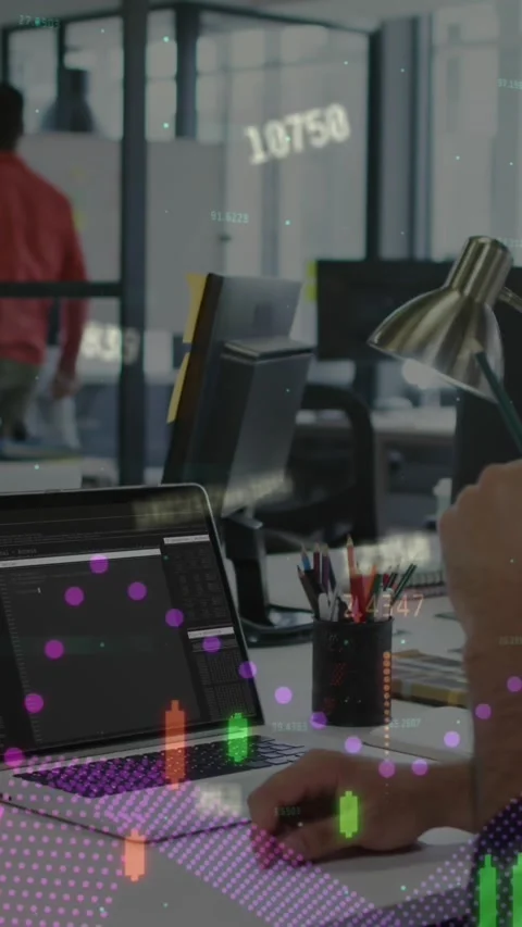 Animation of graphs, changing numbers, man holding pencil and analyzing computer Stock Footage 344766104