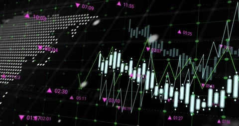 Animation of graphs with changing numbers over computer language, globe and map Stock Footage 327280353