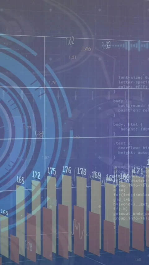 Animation of graphs, changing numbers over computer language and loading circles Stock Footage 344370169