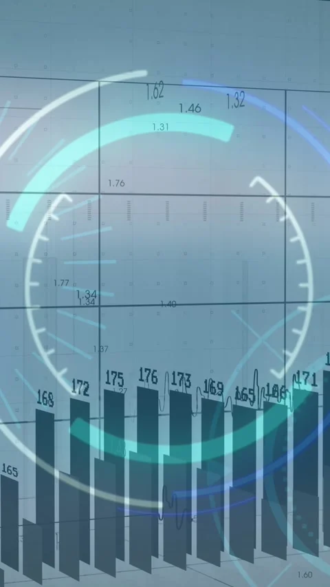 Animation of graphs with changing numbers over loading circles against abstract Stock Footage 344403164