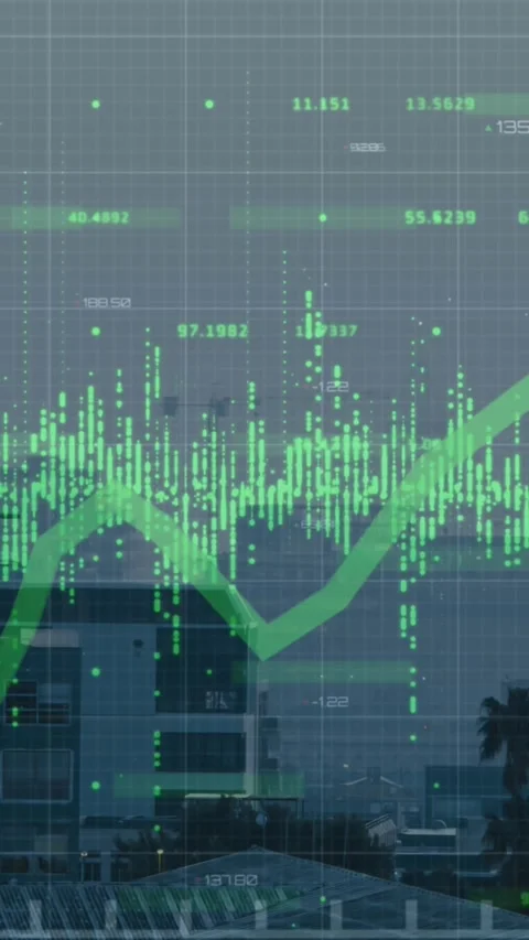 Animation of graphs with changing numbers over grid pattern against modern Stock Footage 344783459