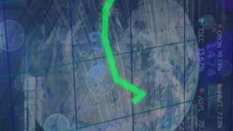 Animation of graphs, changing numbers, trading boards and computer language over Stock Footage 312965555