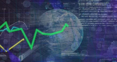 Animation of graphs, changing numbers, trading boards and computer language over Stock Footage 328463596