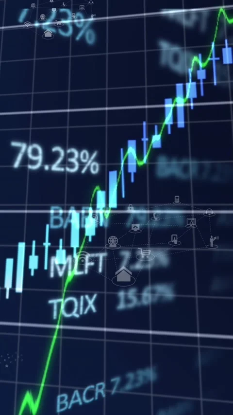 Animation of graphs with changing numbers, trading boards and icons over black Stock Footage 344706561