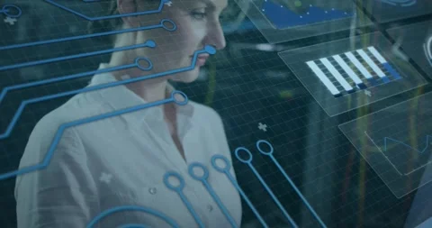 Animation of graphs, circuit board pattern, caucasian female engineer using 库存影片 248674076