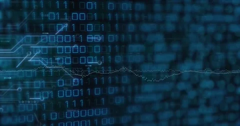 Animation of graphs, circuit board pattern and binary codes over black Stock Footage 249324171