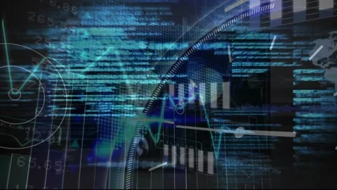 Animation of graphs, clock, globes, trading board and computer language over Stock Footage 328251882