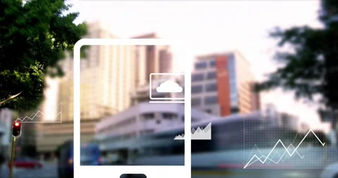 Animation of graphs, cloud in laptop, map icon over time lapse of walking people Stock Footage 250078394