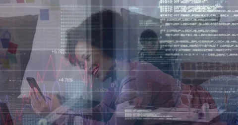 Animation of graphs, computer language and binary codes, asian woman and man Video stock 246471728