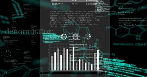 Animation of graphs, computer language and molecule structures over black Stock Footage 328300164