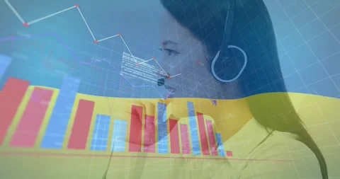 Animation of graphs, computer language, asian customer service representatives Stock Footage 326752306