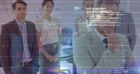 Animation of graphs, computer language, binary codes over thoughtful diverse Stock Footage 326189059