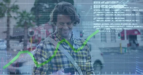 Animation of graphs, computer language, binary codes, caucasian man with bicycle Stock Footage 329968343