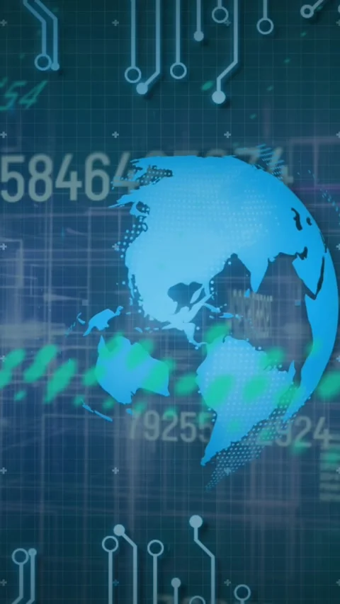 Animation of graphs, computer language, circuit board pattern around globe on Stock Footage 321172177