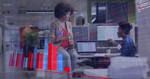 Animation of graphs, computer language, diverse female coworkers discussing Stock Footage 329561051
