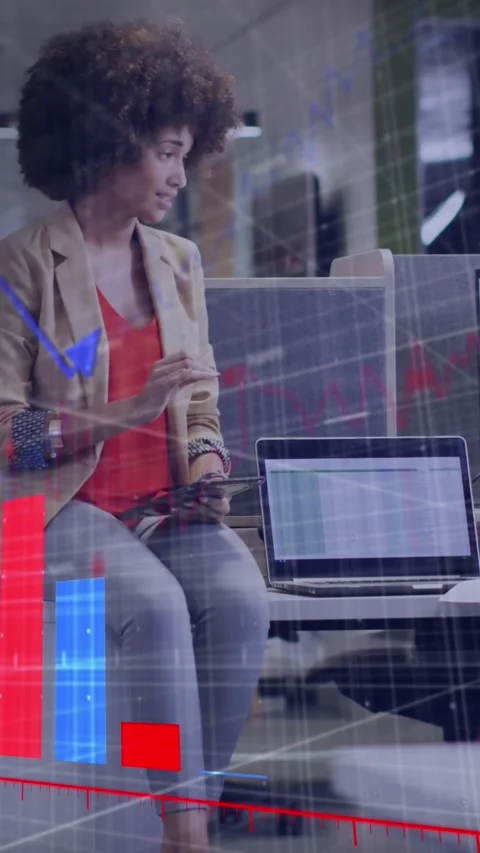 Animation of graphs, computer language, diverse female coworkers discussing Stock Footage 344745823