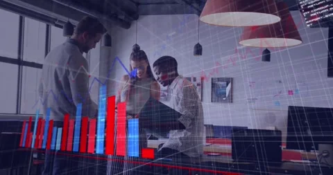 Animation of graphs, computer language over diverse coworkers sharing ideas in Stock Footage 329699405