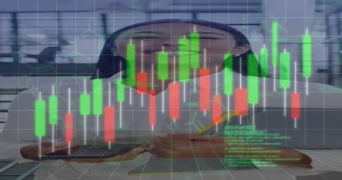 Animation of graphs, computer language over smiling caucasian woman standing in Stock Footage 329864381