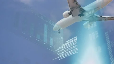 Animation of graphs, computer language over low angle view of flying airplane Stock Footage 329968345