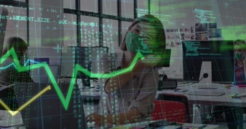 Animation of graphs, computer language over asian woman removing mask and 動画素材 330114170