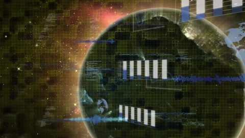 Animation of graphs, computer language, soundwaves over globe against space in Stock Footage 329579703