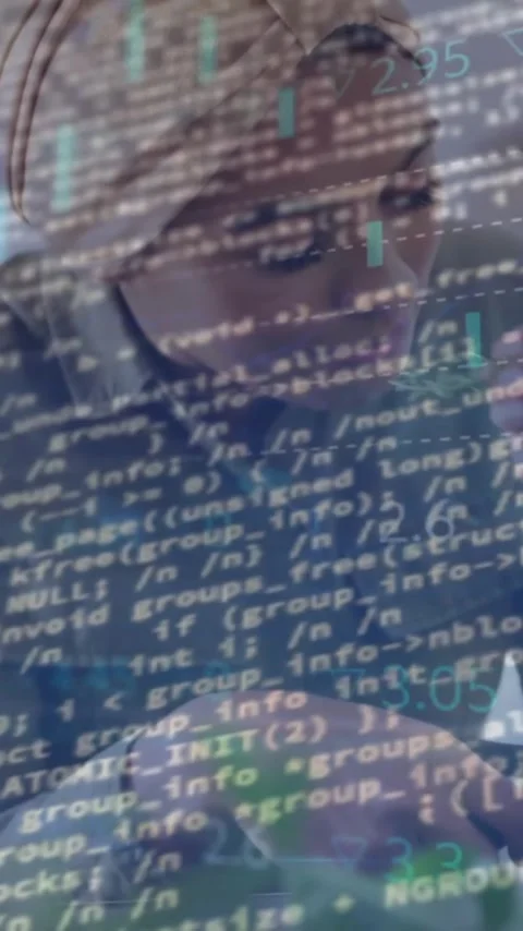 Animation of graphs, computer language, woman cutting and smelling flower from Stock Footage 323578881