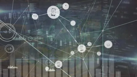 Animation of graphs, connected icons and lens flare against building in Stock Footage 327899317