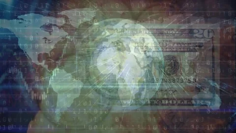 Animation of graphs, connected icons, map, binary codes, globe and clocks over Stock Footage 328254954