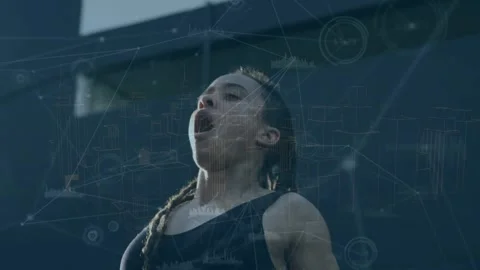 Animation of graphs, connecting dots moving over caucasian woman exercising and Stock Footage 327357938