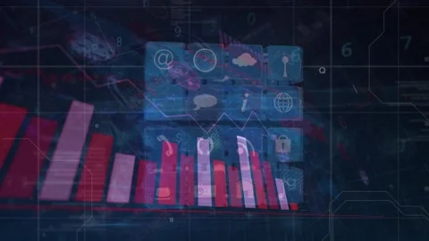 Animation of graphs, cube with diverse icons and digital screen with diverse Video stock 327445734