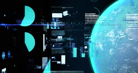 Animation of graphs, data and globe on b... | Stock Video | Pond5
