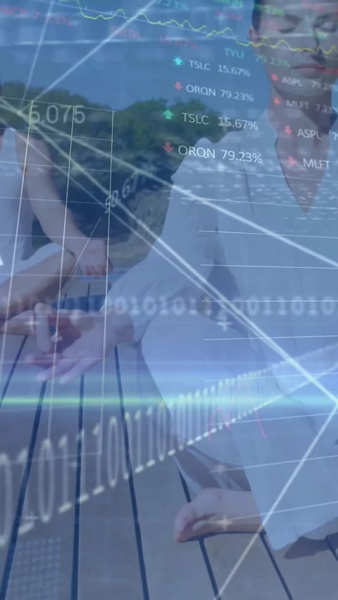 Animation of graphs with data and statistics over Caucasian couple meditating by Vídeo Stock 342594123
