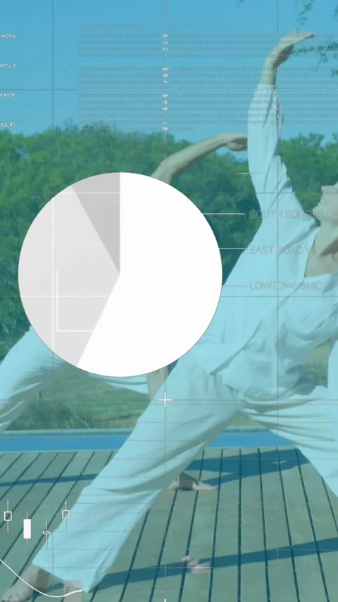Animation of graphs with data and statistics over Caucasian couple stretching Vídeo Stock 342676166