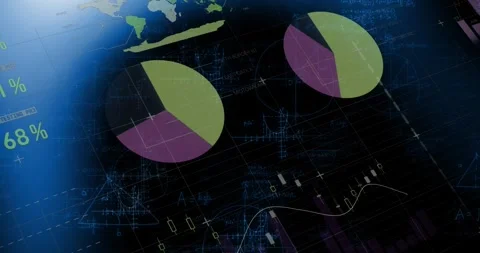 Animation of graphs, data and world map on black digital screen Video stock 326099324