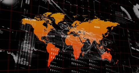 Animation of graphs, data and world map on black digital screen Video stock 326628271