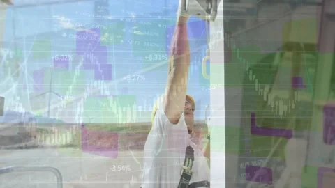 Animation of graphs, data over caucasian male worker checking wind turbine Stock Footage 330659069