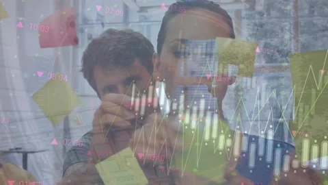 Animation of graphs, dices over diverse coworkers discussing over sticking notes Video stock 330407152