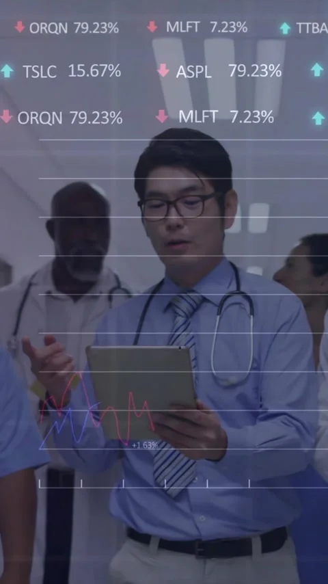 Animation of graphs, diverse doctor discussing patient reports while walking in Stock Footage 323579045