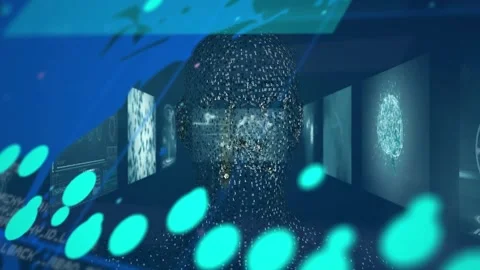 Animation of graphs, face model and digital screens with diverse data on navy Stock Footage 329919654