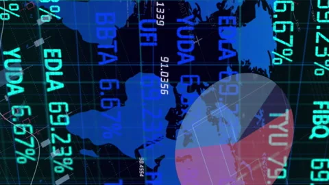 Animation of graphs, financial data and world map on black digital screen Video stock 312488150
