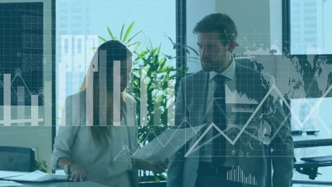 Animation of graphs, flowchart, cloud in laptop, diverse coworkers standing and Video stock 253467839
