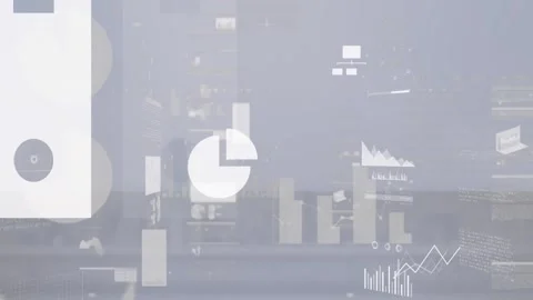 Animation of graphs, flowchart, map and cloud in laptop over abstract background Video stock 253429712