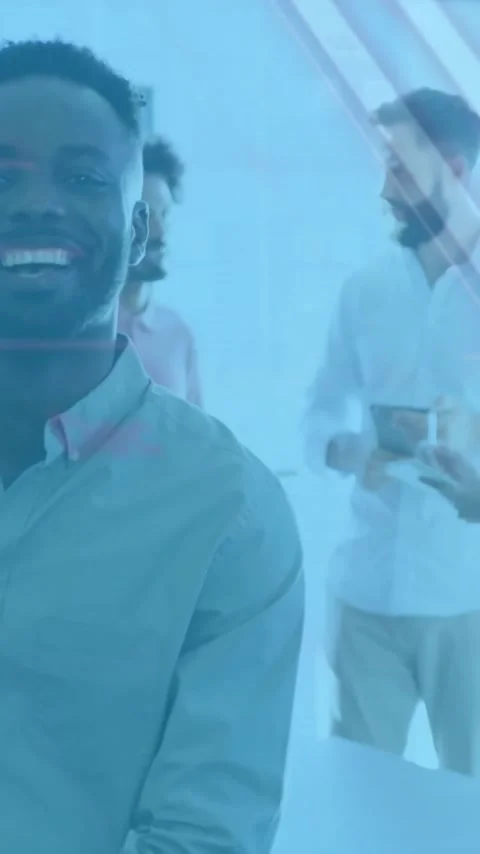 Animation of graphs, globe and computer language, smiling african american man Stock Footage 323577931