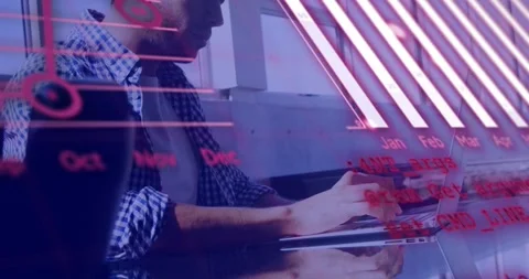 Animation of graphs, globe and computer language, caucasian mam working on Stock Footage 326425083
