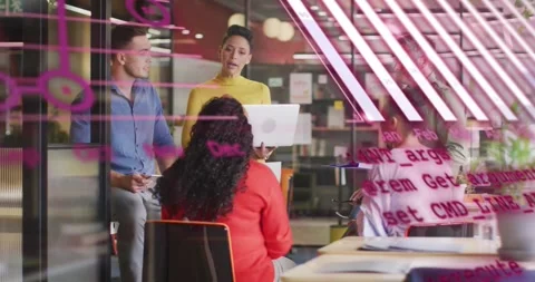 Animation of graphs, globe and computer language over diverse coworkers Stock Footage 328934728